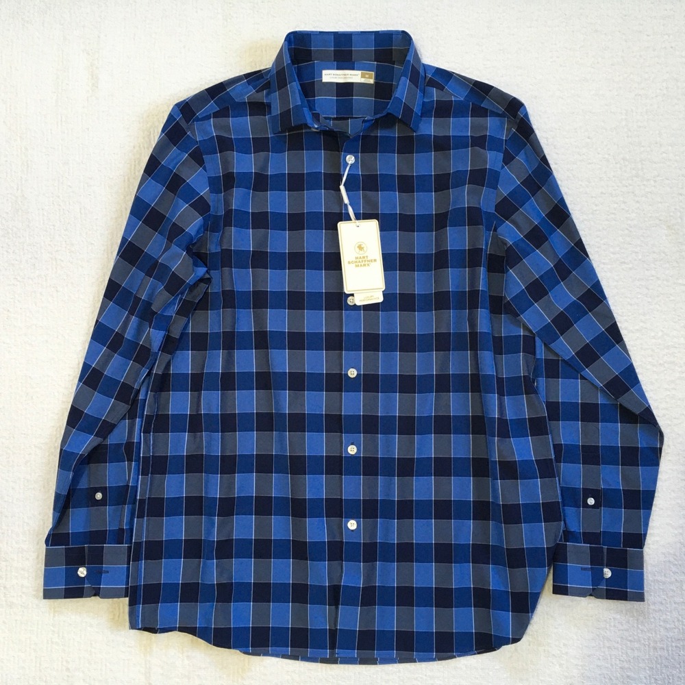 Hart Schaffner Marx‎ Luxury Performance Blue Plaid Button Down Shirt Mens Medium